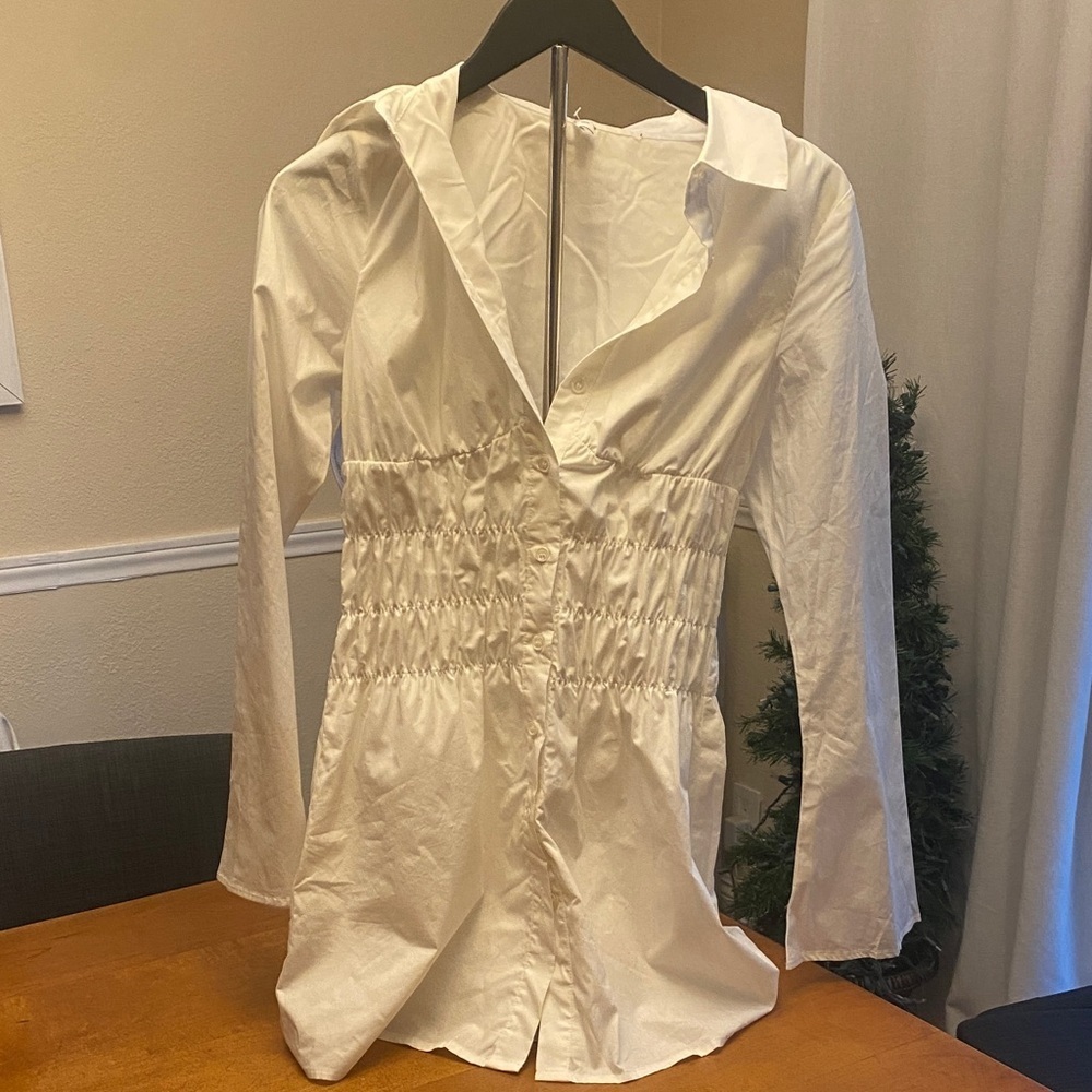 Princess Polly Stellaria Ruched Long Sleeve White Button-Up Mini Dress - Picture 2 of 7